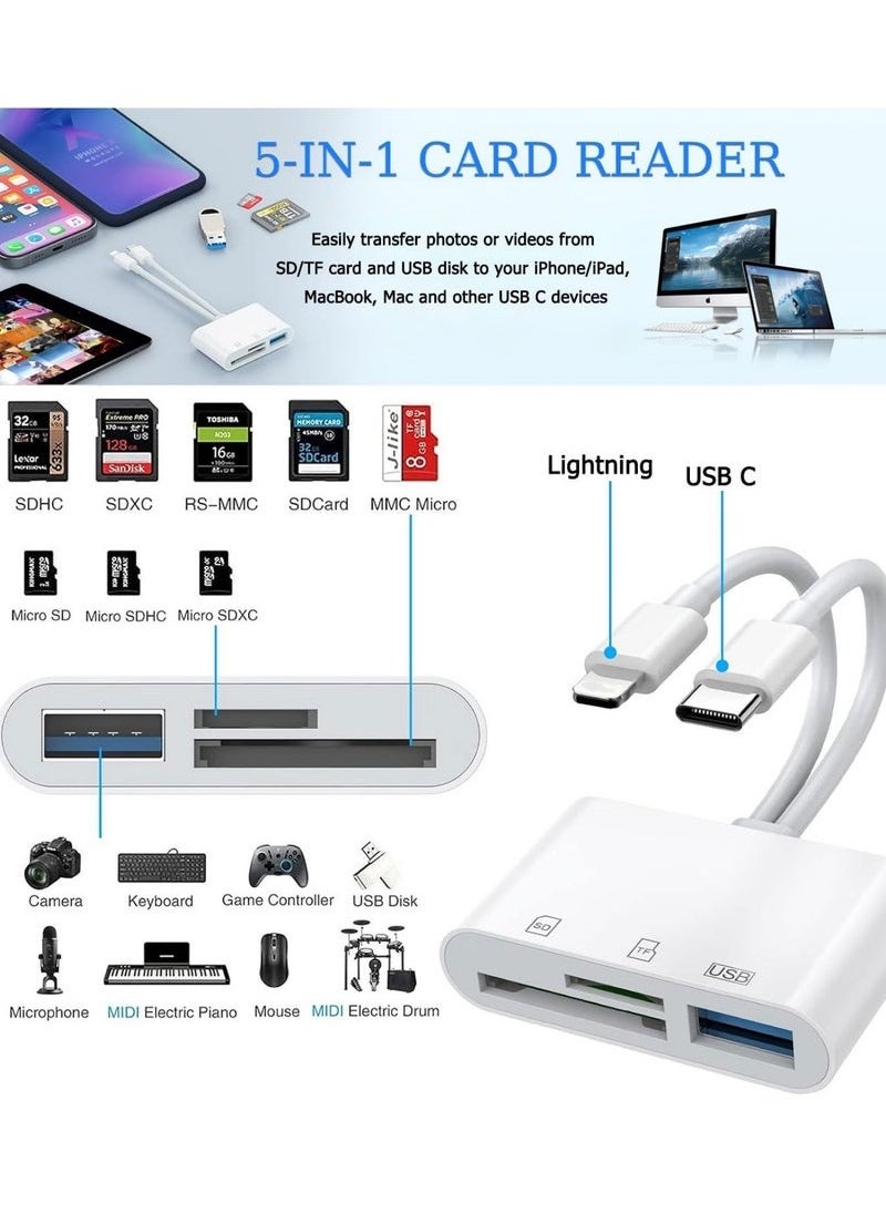 SD Card Reader for iPhone, iPad, USB C and Lightning Dual Port SD Card Adapter, Memory Card Reader for Camera Adapter, Support SD, Micro SD, USB 3.0, No App Driver Required