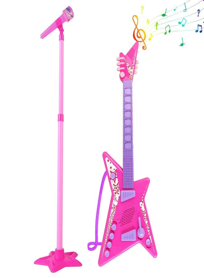 deAO Kids Guitar and Microphone Set,Guitar Toys with Music&Colorful Light,Adjustable Height Microphone with Stand,Music Light Karaoke Music Toys Birthday for Kids Boys Girls - Image 1