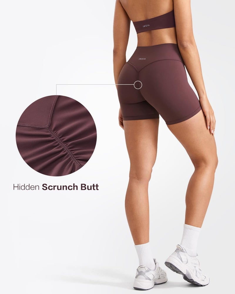 INGIA Womens High Waist No Front Seam Scrunch Butt Biker Shorts 5 Inches V-Back Scrunch Booty Gym Workouts Plumbrown X-Small - Image 4