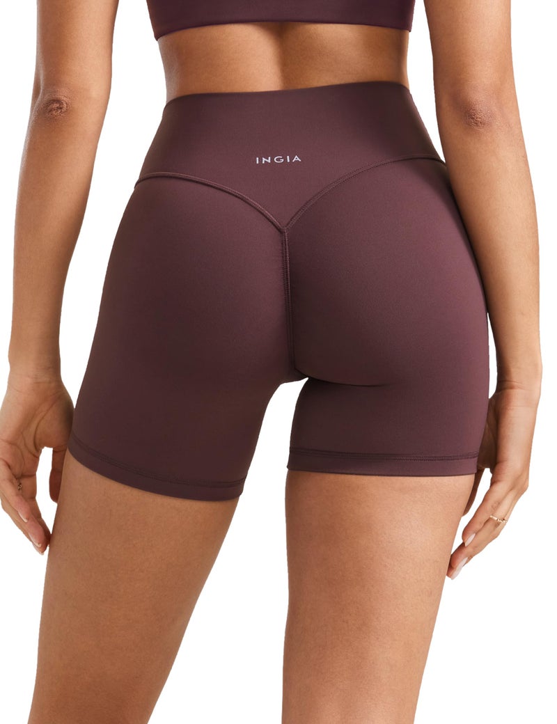 INGIA Womens High Waist No Front Seam Scrunch Butt Biker Shorts 5 Inches V-Back Scrunch Booty Gym Workouts Plumbrown X-Small - Image 1