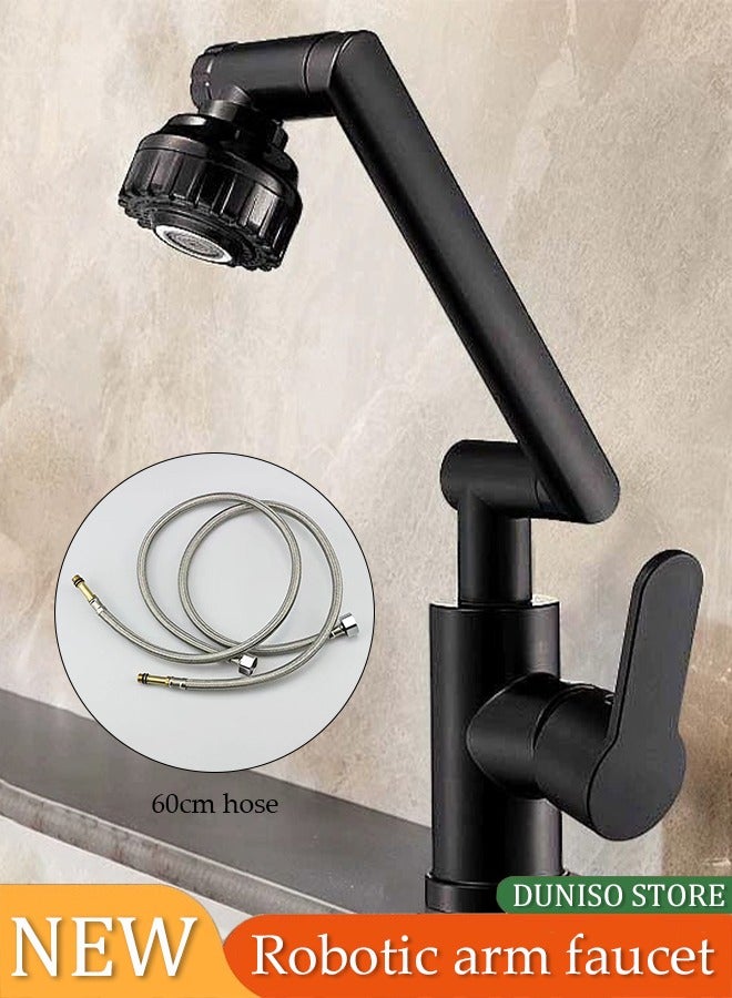 DUNISO Faucet extender, 1080 ° rotatable bathroom faucet, stainless steel robotic arm faucet aerator, hot and cold dual use, adjustable in 2 levels, with 60cm hose, suitable for kitchen and bathroom washbasin sink, black  - Image 1