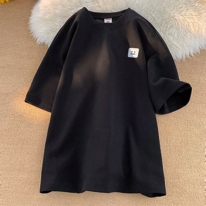 2023 Summer new short sleeve T-shirt men's Hong Kong style trendy small neckline loose half sleeve waffle solid color T-shirt - Image 4