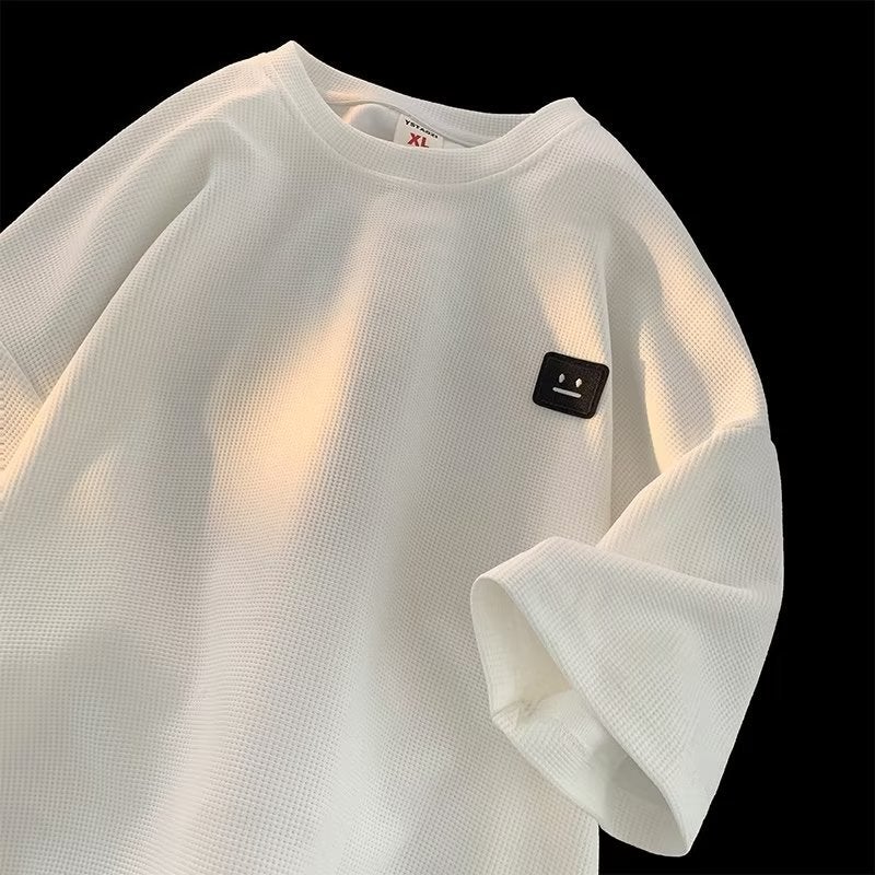 2023 Summer new short sleeve T-shirt men's Hong Kong style trendy small neckline loose half sleeve waffle solid color T-shirt - Image 2