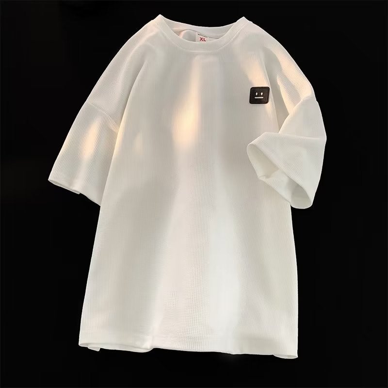 2023 Summer new short sleeve T-shirt men's Hong Kong style trendy small neckline loose half sleeve waffle solid color T-shirt - Image 3
