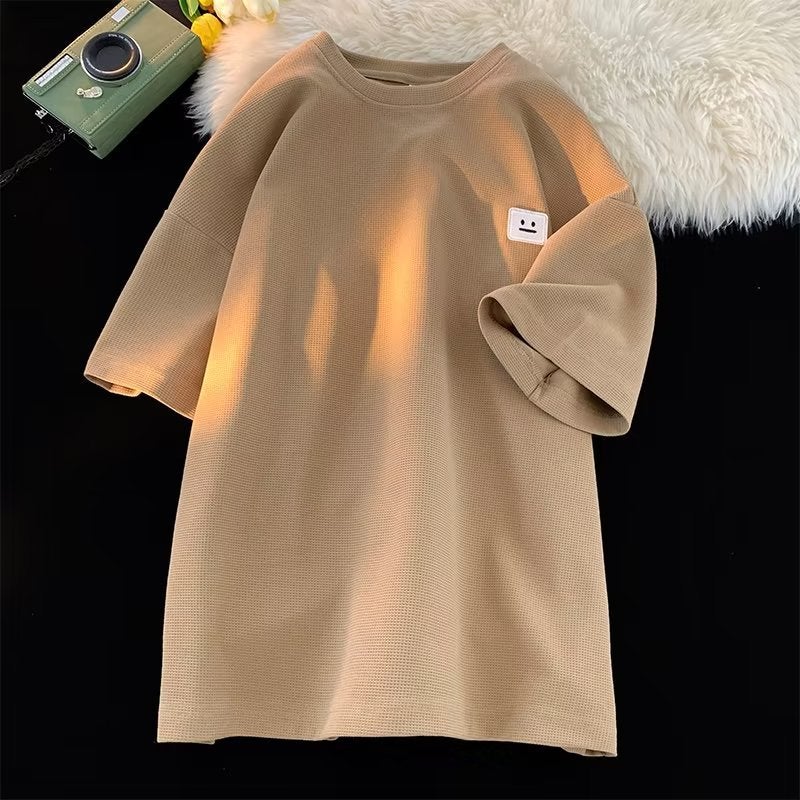 2023 Summer new short sleeve T-shirt men's Hong Kong style trendy small neckline loose half sleeve waffle solid color T-shirt - Image 5