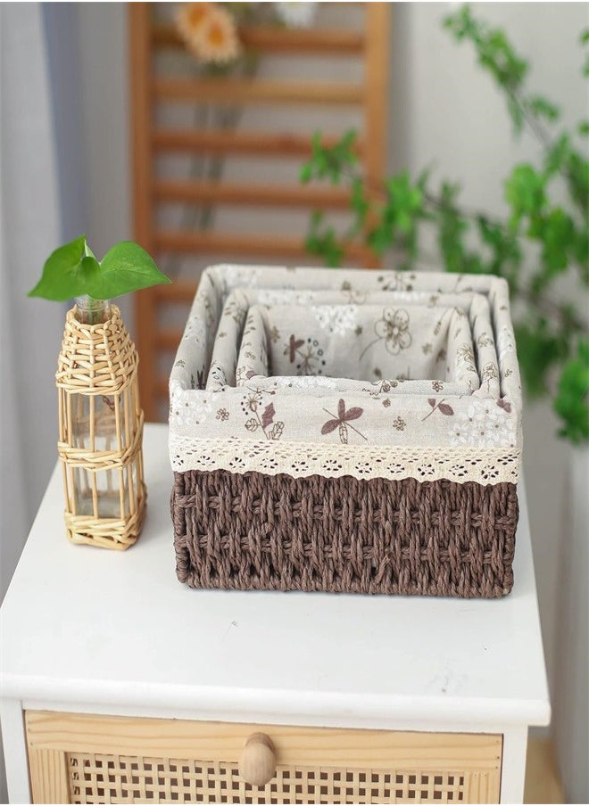 joyzzz - Storage Baskets Set of 3,Decorative Paper Rope Woven storage Baskets with Liner,Rectangular Storage Bins Container for Makeup Bedroom Shelves Organizing,Home Deco - Image 1