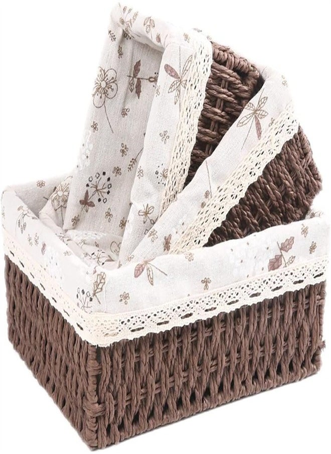 joyzzz - Storage Baskets Set of 3,Decorative Paper Rope Woven storage Baskets with Liner,Rectangular Storage Bins Container for Makeup Bedroom Shelves Organizing,Home Deco - Image 1