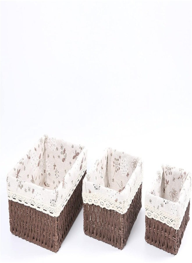 joyzzz - Storage Baskets Set of 3,Decorative Paper Rope Woven storage Baskets with Liner,Rectangular Storage Bins Container for Makeup Bedroom Shelves Organizing,Home Deco - Image 1