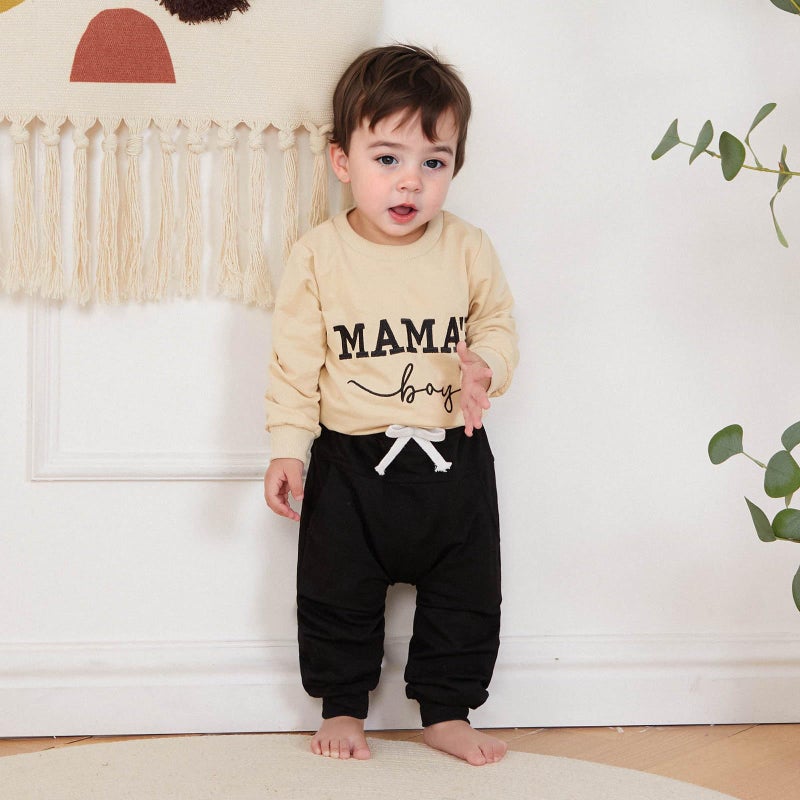 FOCUSNORM Toddler Baby Boy Fall outfit Mama's Boy Letter Embroidery Sweatshirt Top Elastic Pants Set Cute 2pcs Winter Clothes (Khaki, 0-6 Months) - Image 2