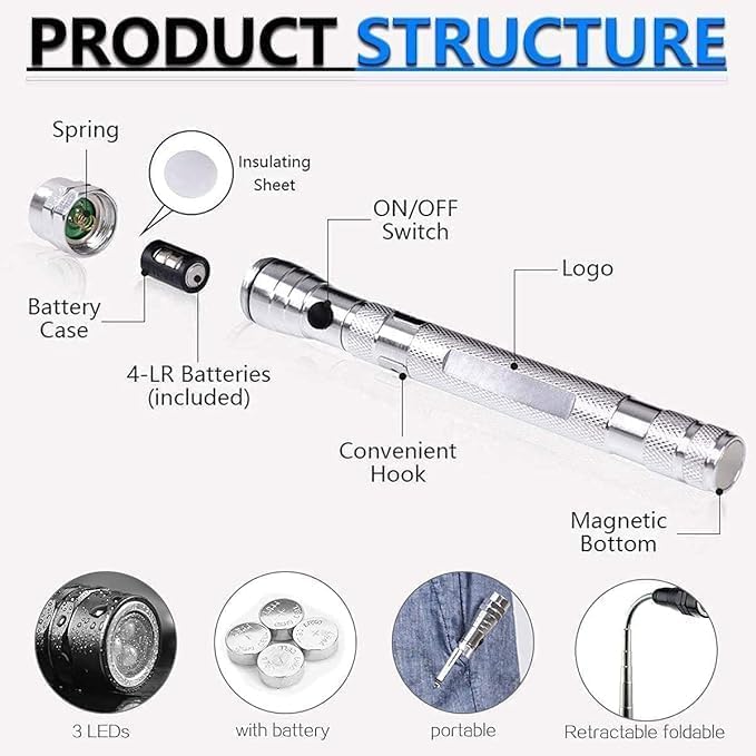 Burmy Telescoping Torch Light LED Extendable Flashlight with Magnetic Pickup Tool for Tight Spaces 360 Flexible Extendible Head 3 LED Torch - Image 3