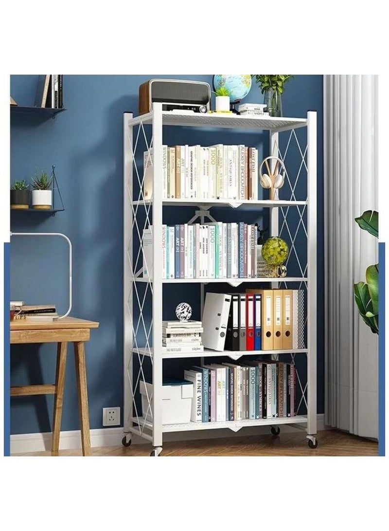 Lady Kitchen 5-Tier Folding Storage Shelf with Swivel Wheels for Living Room Kitchen Office No Assembly Required - White 34x70x163cm - Image 2