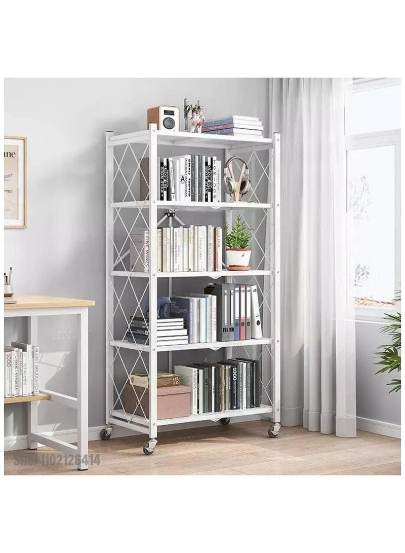 Lady Kitchen 5-Tier Folding Storage Shelf with Swivel Wheels for Living Room Kitchen Office No Assembly Required - White 34x70x163cm - Image 3