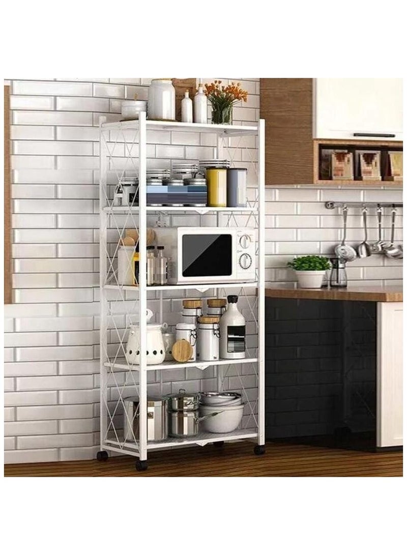 Lady Kitchen 5-Tier Folding Storage Shelf with Swivel Wheels for Living Room Kitchen Office No Assembly Required - White 34x70x163cm - Image 1