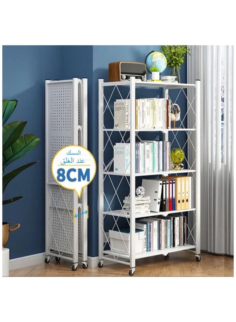 Lady Kitchen 5-Tier Folding Storage Shelf with Swivel Wheels for Living Room Kitchen Office No Assembly Required - White 34x70x163cm - Image 4