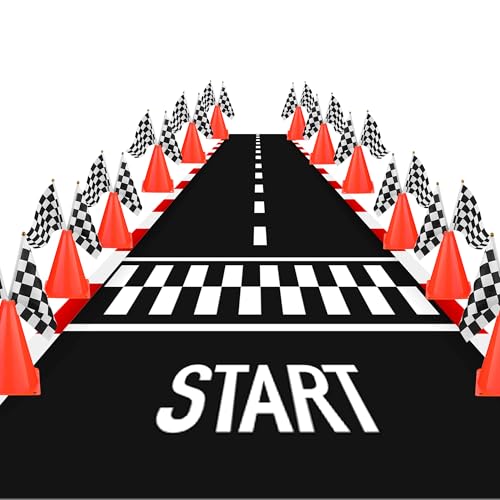 EUVBOKW 37 Pcs Race Car Party Decorations 12 Orange Traffic Cones with Holes on Top 24 Checkered Flags 1 Racetrack Floor Runnerfor Race Car Birthday Party Table Centerpiece Supplies - Image 1