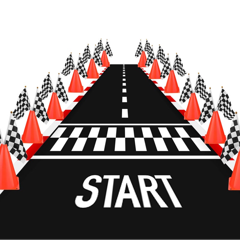 EUVBOKW 37 Pcs Race Car Party Decorations 12 Orange Traffic Cones with Holes on Top 24 Checkered Flags 1 Racetrack Floor Runnerfor Race Car Birthday Party Table Centerpiece Supplies - Image 3
