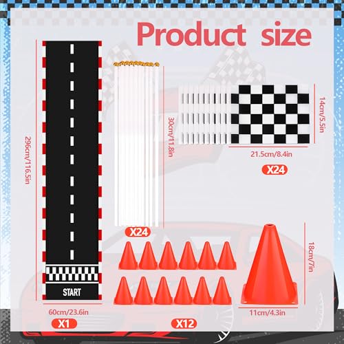 EUVBOKW 37 Pcs Race Car Party Decorations 12 Orange Traffic Cones with Holes on Top 24 Checkered Flags 1 Racetrack Floor Runnerfor Race Car Birthday Party Table Centerpiece Supplies - Image 5
