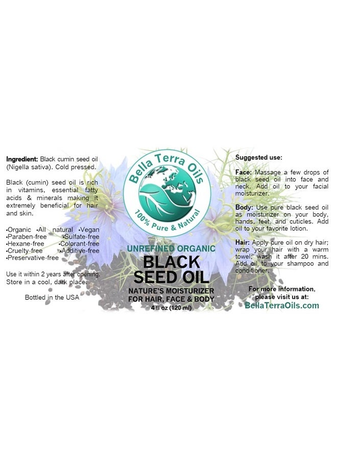 Bella Terra Oils Black Seed Oil (Cumin) 4 oz 100% Pure Cold-pressed Unrefined Organic Moisturizer for Skin Hair - Image 3