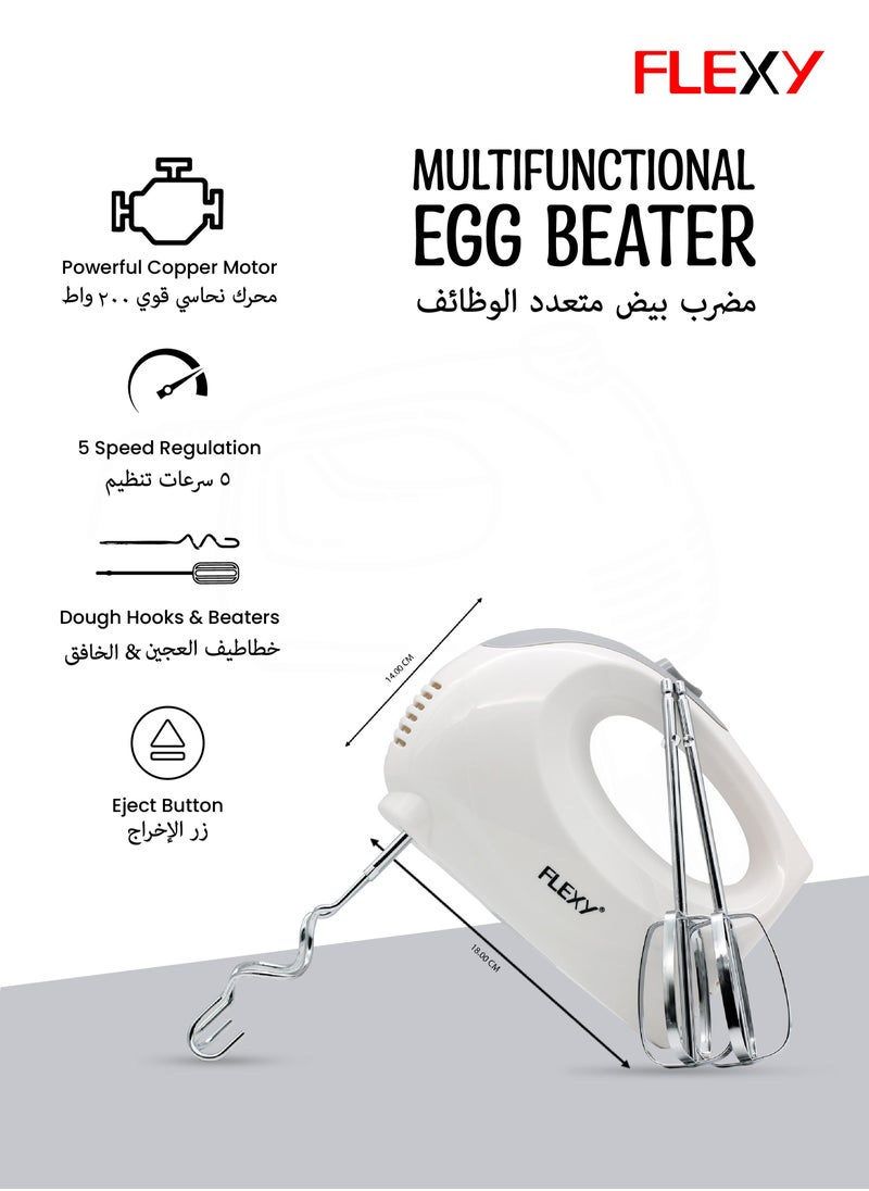 Flexy - FLEXY Turbo 5-Speed 200W Hand Mixer with 2 Beaters and 2 Dough Hooks. 2 Years Warranty. Mix like a pro. - Image 1