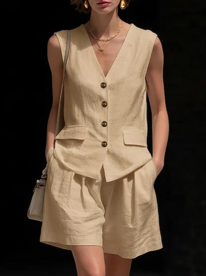 Simple Vest and Shorts Two-Piece Set for Women, Elegant Cotton and Linen Vest, Pure Commuter Style, and Independent Site - Image 1