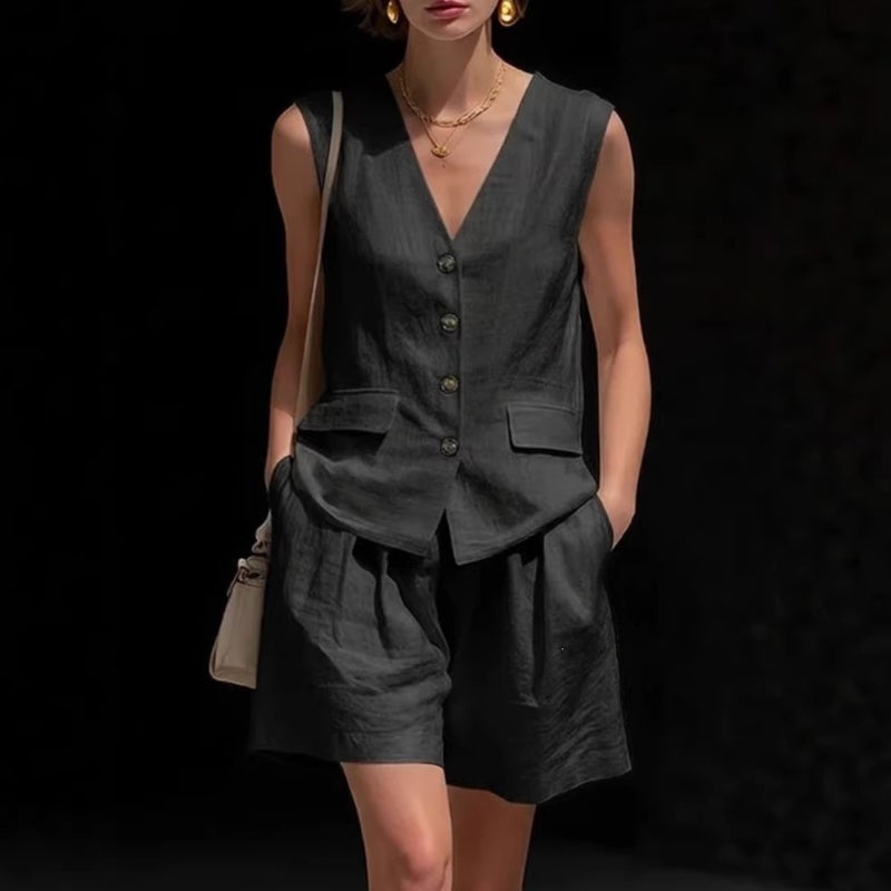Simple Vest and Shorts Two-Piece Set for Women, Elegant Cotton and Linen Vest, Pure Commuter Style, and Independent Site - Image 5