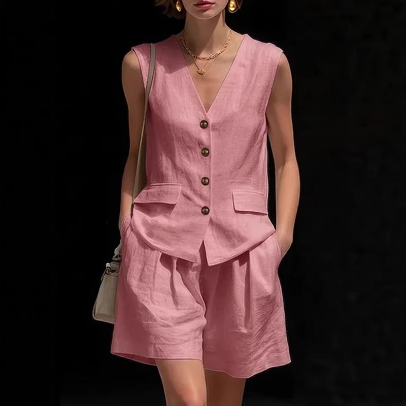 Simple Vest and Shorts Two-Piece Set for Women, Elegant Cotton and Linen Vest, Pure Commuter Style, and Independent Site - Image 3