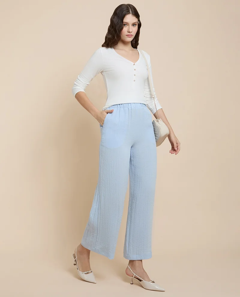 أر أند بي Solid Wide Leg Pants with Elastic Waist