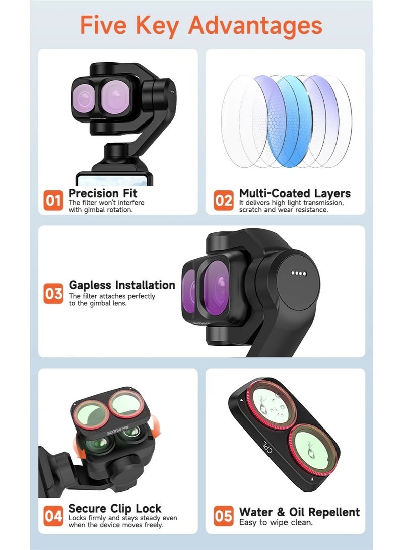 سني لايف فلتر كاميرا لـ Osmo Pocket 4 Pro، مجموعة فلاتر عدسة ND8-64/PL قابلة للتعديل وCPL وMCUV وBlack Mist مع زجاج SCHOTT وطلاء متعدد الطبقات وملحقات تركيب سريع(CPL+ND8+ND16) - Image 2