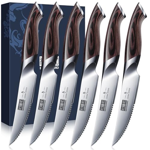 HOSHANHO Steak Knives Set of 6, Ultra Sharp 4.5 Inch Serrated Steak Knife Set, Japanese High Carbon Steel Kitchen Steak Knives with Ergonomic Handle - Image 1