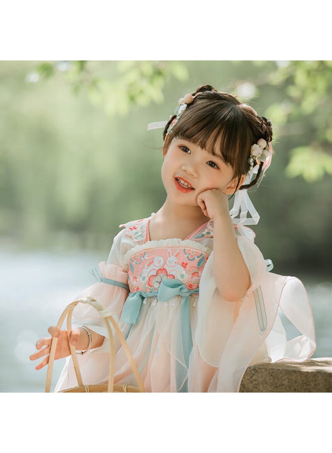 Cute Menghu Zun Chun Yan Girls' Hanfu Summer Short-sleeve Children's Ancient Costume Ru Skirt Improved Vintage-style Girls' Dress, Fairy-like Pink, Size 160 - Image 4
