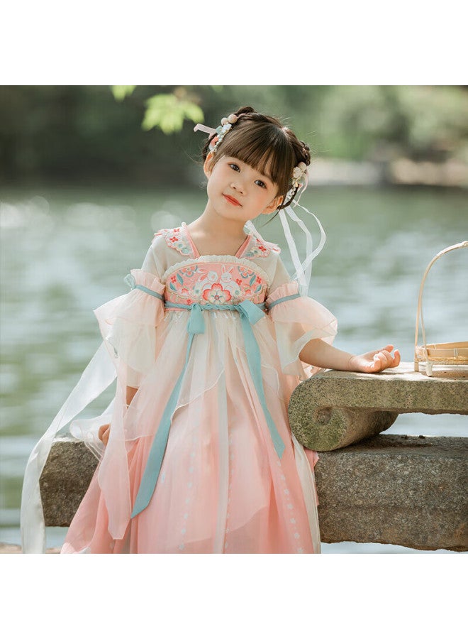 Cute Menghu Zun Chun Yan Girls' Hanfu Summer Short-sleeve Children's Ancient Costume Ru Skirt Improved Vintage-style Girls' Dress, Fairy-like Pink, Size 160 - Image 1
