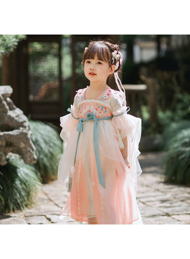Cute Menghu Zun Chun Yan Girls' Hanfu Summer Short-sleeve Children's Ancient Costume Ru Skirt Improved Vintage-style Girls' Dress, Fairy-like Pink, Size 160 - Image 3