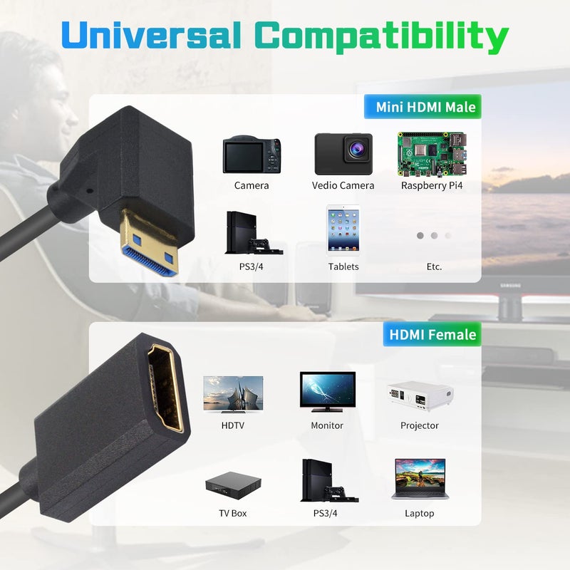 دوتك كابل تمديد 8K بزاوية سفلية من HDMI إلى Mini HDMI ملفوف بطول 4 أقدام، 48Gbps فائق النحافة من Mini ذكر إلى HDMI أنثى�� إصدار 2.1 يدعم النقل ثنائي الاتجاه للبروجيكتور وكاميرا الفيديو، 1.2 متر - Image 4
