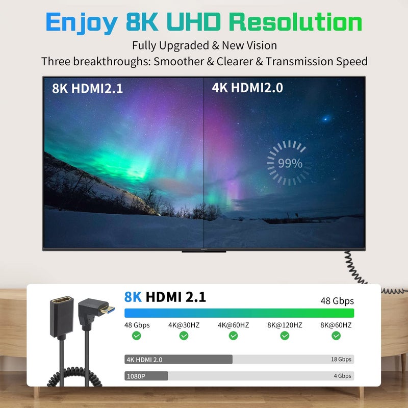 دوتك كابل تمديد 8K بزاوية سفلية من HDMI إلى Mini HDMI ملفوف بطول 4 أقدام، 48Gbps فائق النحافة من Mini ذكر إلى HDMI أنثى�� إصدار 2.1 يدعم النقل ثنائي الاتجاه للبروجيكتور وكاميرا الفيديو، 1.2 متر - Image 5
