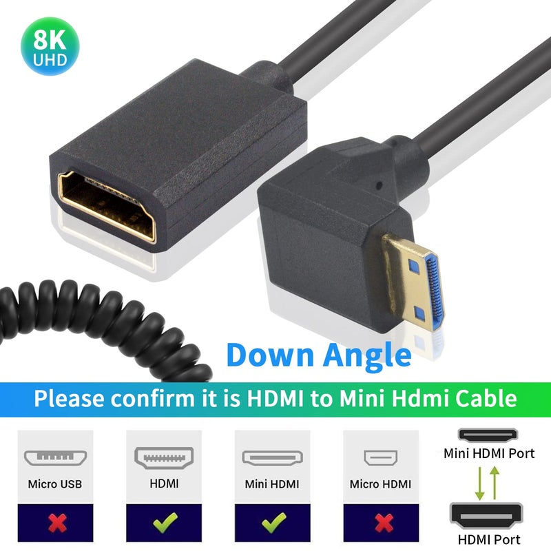 دوتك كابل تمديد 8K بزاوية سفلية من HDMI إلى Mini HDMI ملفوف بطول 4 أقدام، 48Gbps فائق النحافة من Mini ذكر إلى HDMI أنثى�� إصدار 2.1 يدعم النقل ثنائي الاتجاه للبروجيكتور وكاميرا الفيديو، 1.2 متر - Image 3