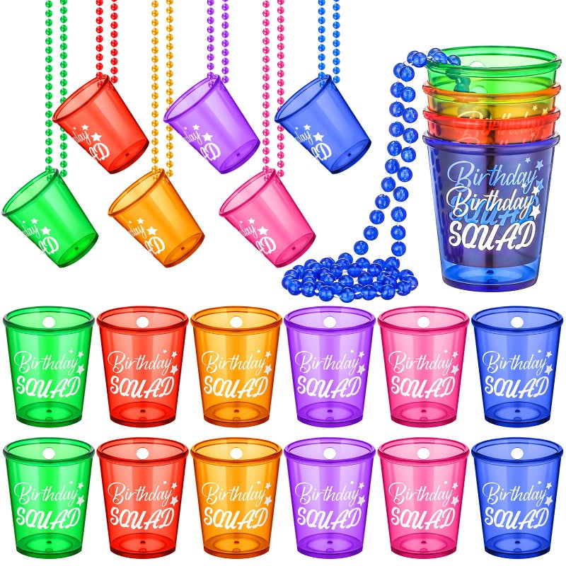 Hoolerry 12 Pcs Birthday Squad Shot Glass Necklace Shot Cups Plastic Glasses on Beaded Necklace Funny Beaded Squad Cups for Adults Birthday Wedding Party Supplies Favors, 6 Colors - Image 1