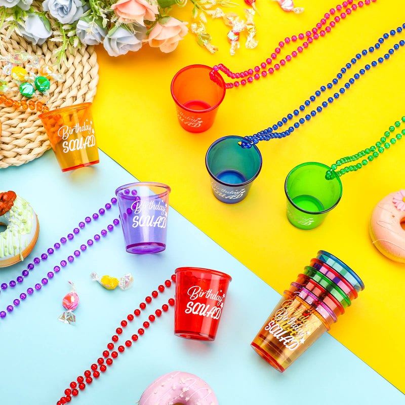 Hoolerry 12 Pcs Birthday Squad Shot Glass Necklace Shot Cups Plastic Glasses on Beaded Necklace Funny Beaded Squad Cups for Adults Birthday Wedding Party Supplies Favors, 6 Colors - Image 3