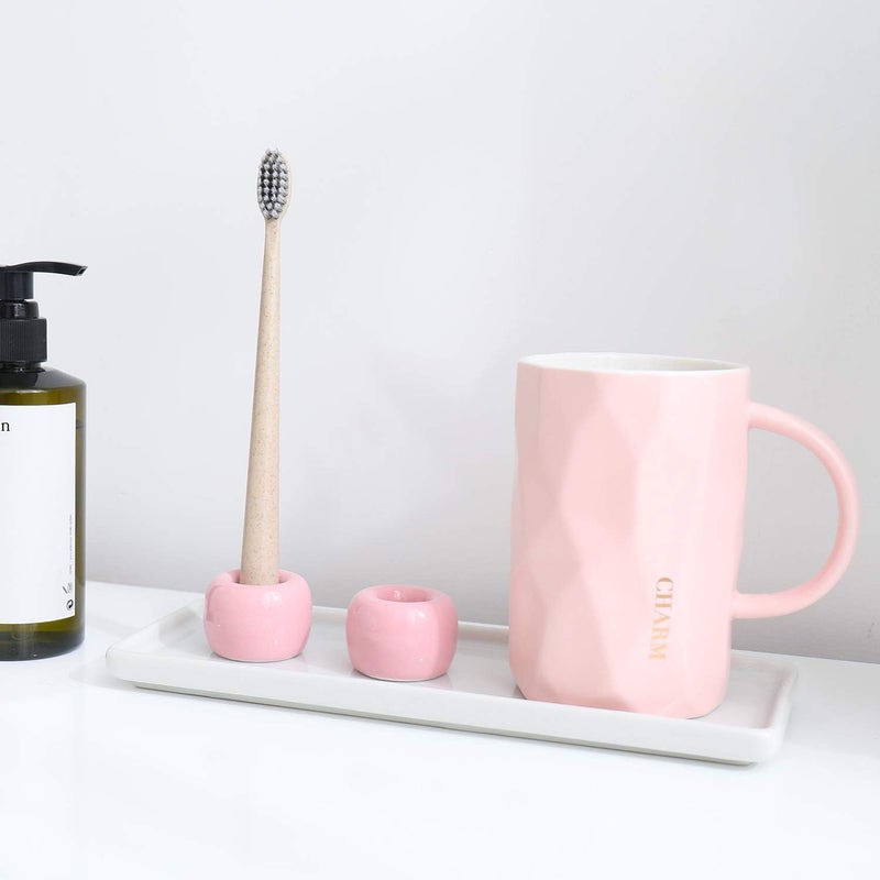 amoon Mini Ceramic Toothbrush Holder for Bathroom - Pink Small Countertop Organizer, Easy Clean Toothbrush Stand, Suit for Electric Toothbrush Head, Pens & Coffee Spoon, Pack of 2 - Image 3