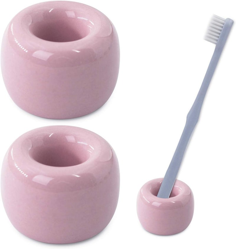 amoon Mini Ceramic Toothbrush Holder for Bathroom - Pink Small Countertop Organizer, Easy Clean Toothbrush Stand, Suit for Electric Toothbrush Head, Pens & Coffee Spoon, Pack of 2 - Image 1