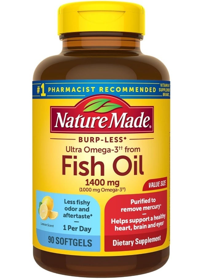 Nature Made Burp-Less Ultra Omega-3 Fish Oil 1400mg – 90 Softgels – One Per Day – Heart Health Support – High Potency Omega-3 Supplement – Enteric Coated to Reduce Fishy Aftertaste - Image 1