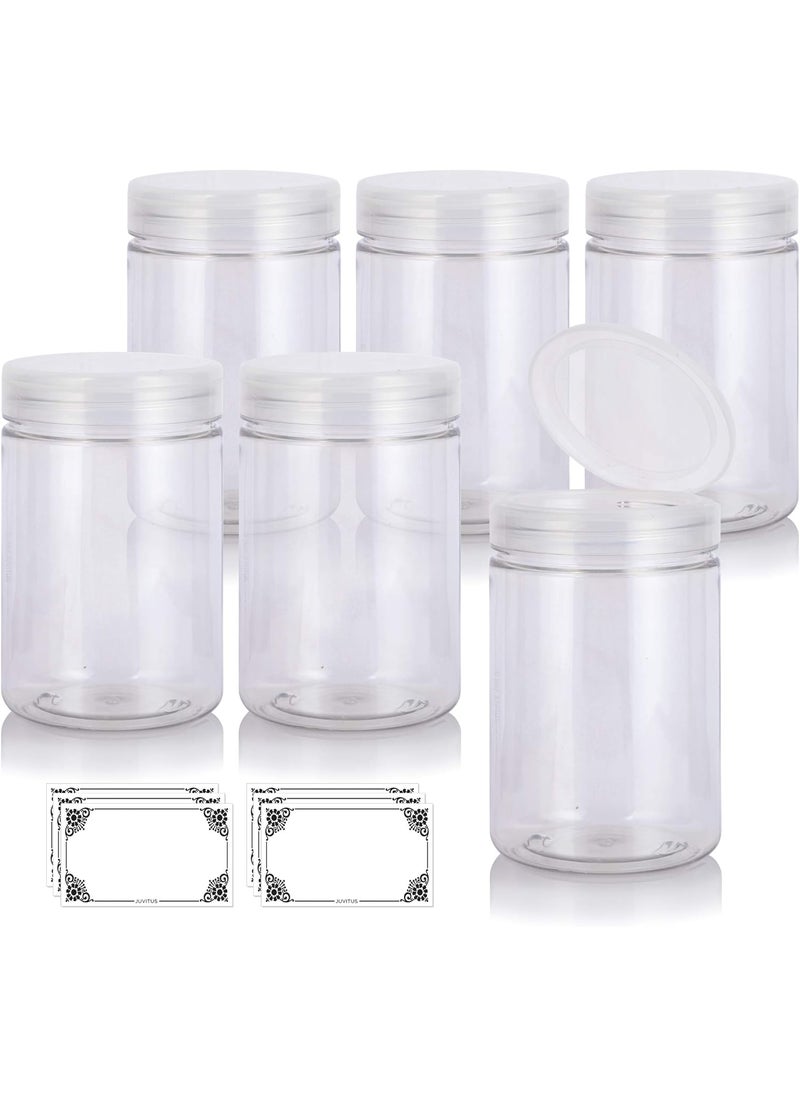 JUVITUS (6 pack) 25 oz Clear PET Plastic Refillable Refillable Jar With Clear Natural Flip Top Cap + Labels 