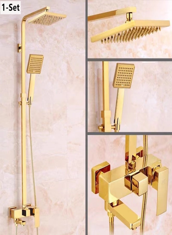 Kutis 1-Set Golden Exposed Shower System Triple Function Bathroom Shower Faucet 20cm Square Swivel Rainfall Shower Head with Handheld Adjustable Complete Set Tub Spout Wall Mount Tap Set - Image 1