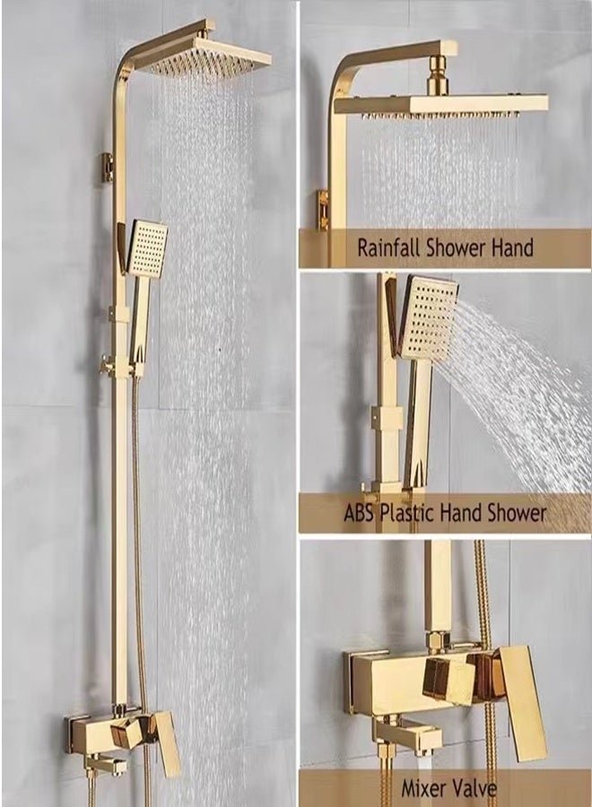 Kutis 1-Set Golden Exposed Shower System Triple Function Bathroom Shower Faucet 20cm Square Swivel Rainfall Shower Head with Handheld Adjustable Complete Set Tub Spout Wall Mount Tap Set - Image 2