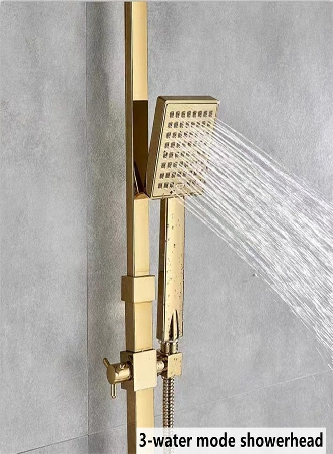 Kutis 1-Set Golden Exposed Shower System Triple Function Bathroom Shower Faucet 20cm Square Swivel Rainfall Shower Head with Handheld Adjustable Complete Set Tub Spout Wall Mount Tap Set - Image 3