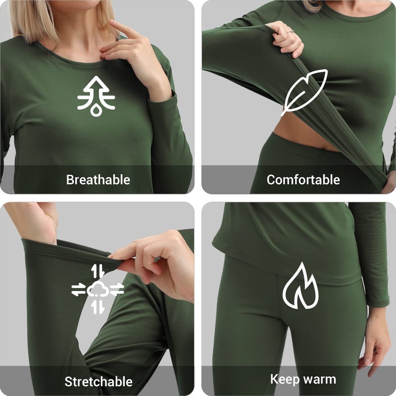 PISIQI Thermal Underwear Women Ultra-Soft Long Johns Set Fleece Lined Base Layer Skiing Winter Warm Top & Bottom Pajama Set Green - Image 3