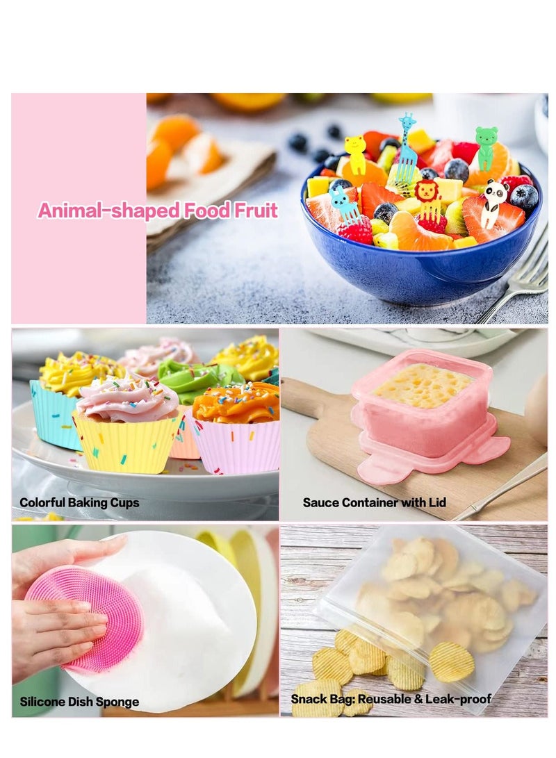 Arabest طقم صندوق الغداء، 27 قطعة من صندوق بينتو، مجموعة صندوق غداء يابانية قابلة للتكديس 3 في 1 مع كوب حساء وعلبة صلصة وملعقة وشوكة وأكواب كيك وعيدان فواكه وأكياس وجبات خفيفة وحاويات غداء مانعة للتسرب - Image 5