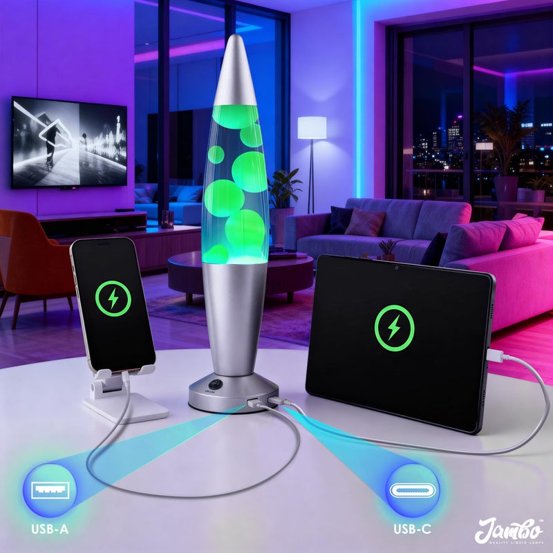 JAMBO Beautiful Liquid Lamp with USB Ports, 16" Motion Light with Blue Liquid Yellow Wax, Relaxing Nightlight, Mood Light for Bedroom, Living Room, Office - Adults, Teens, Kids - Image 2
