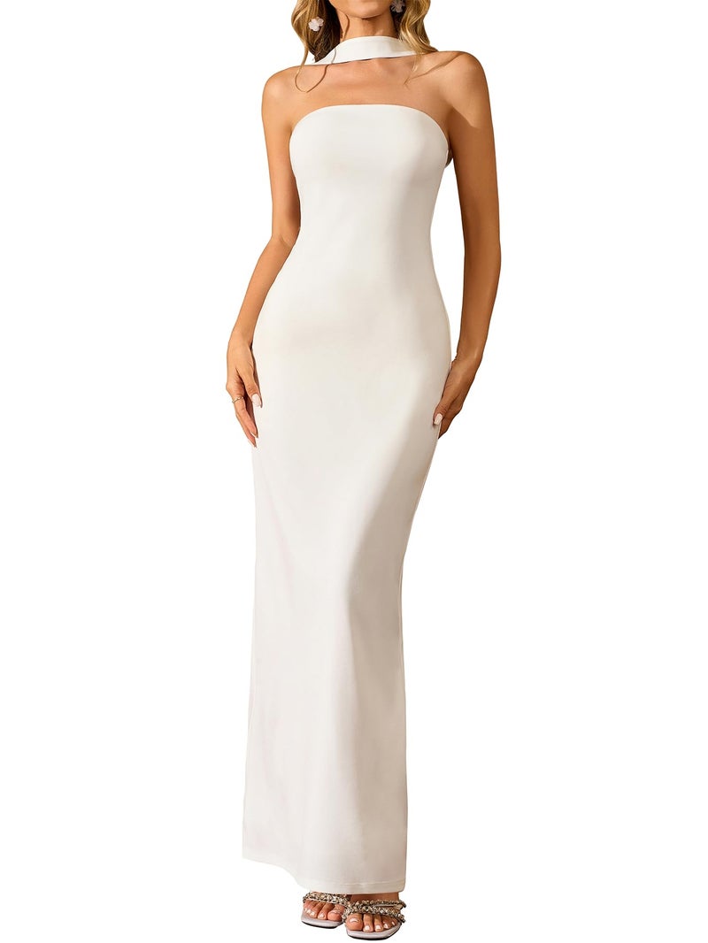 HTZMO Women Elegant Summer Bodycon Maxi Dress Halter Neck Formal Wedding Guest Cocktail Party Long Dresses White L - Image 1