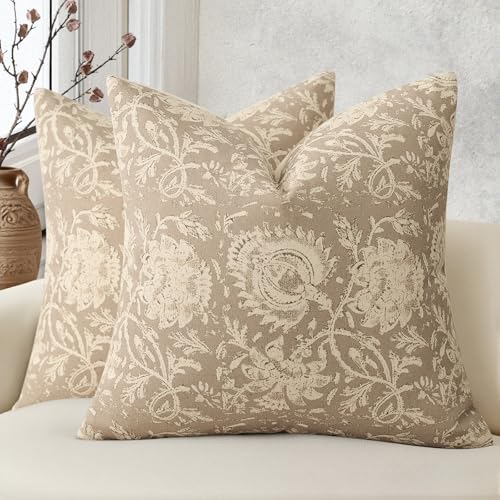 DKwizme Vintage Floral Print Throw Pillow Covers 18x18 Set of 2 Neutral Modern Farmhouse Pillowcases Accent Decorative Cushion Covers Boho Home Decor for Couch Sofa Chair Bed Living Room, Latte - Image 1