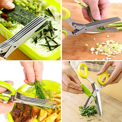 Foliam Shredding Scissors with Cleaning Combo, Multi-Function 5 Blade Vegetable Stainless Steel Herbs Scissor with Blade Combo - Color May Vary - Image 3